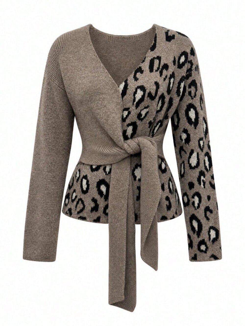 Casual Women's Leopard Print Knit V-Neck Tie Waist Long Sleeve Sweater - Picture 4 of 6